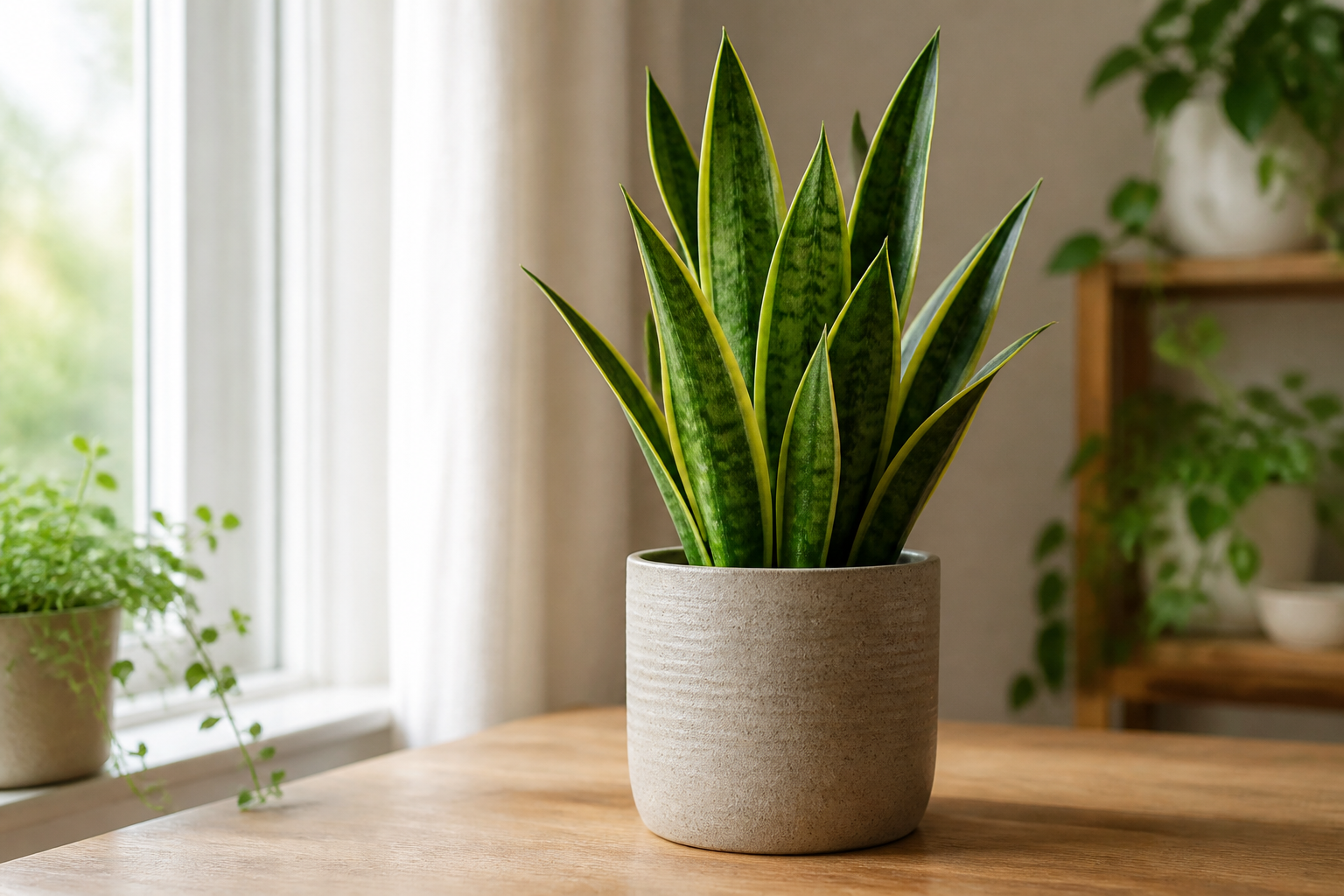 A snake plant with tall, upright green leaves edged in yellow, growing in a speckled stone pot on a wooden table beside a bright window